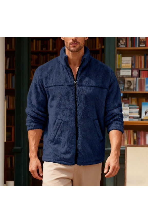 Mens Fuzzy Sherpa Jacket Cardigan Fleece Long Sleeve Full Zip Open Front Coat (Navy XXXXS)