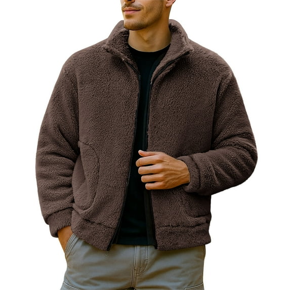 Mens Fuzzy Sherpa Jacket Cardigan Fleece Long Sleeve Full Zip Open Front Thermal Coat Fall Winter Outwear