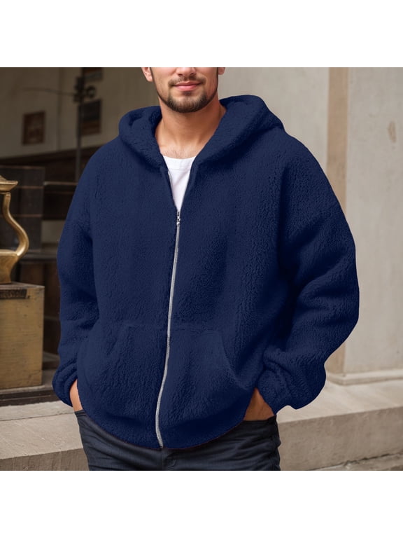 Mens Fuzzy Sherpa Jacket Long Sleeve Full-Zip Hooded Jacket Coats (Dark Blue S)