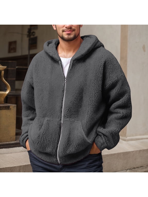 Mens Fuzzy Sherpa Jacket Fleece Long Sleeve Full-Zip Hooded Jacket Coats (Dark Gray M)