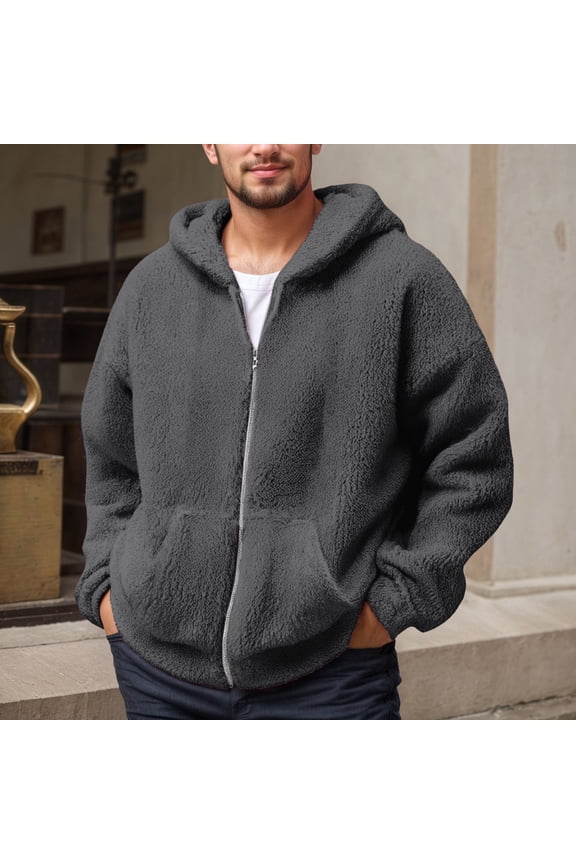 Mens Fuzzy Sherpa Jacket Fleece Long Sleeve Full-Zip Hooded Jacket Coats (Dark Gray M)