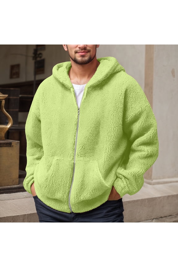 Mens Fuzzy Sherpa Jacket Long Sleeve Full-Zip Hooded Jacket Coats (Green XXXXL)