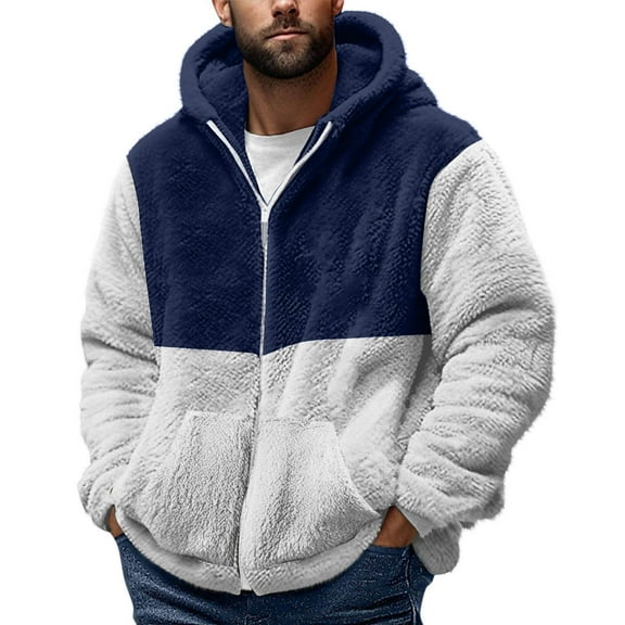 Mens Fuzzy Sherpa Jacket Fleece Long Sleeve Full-Zip Hooded Shirt Casual Warm Winter Coats Outdoor Fashion