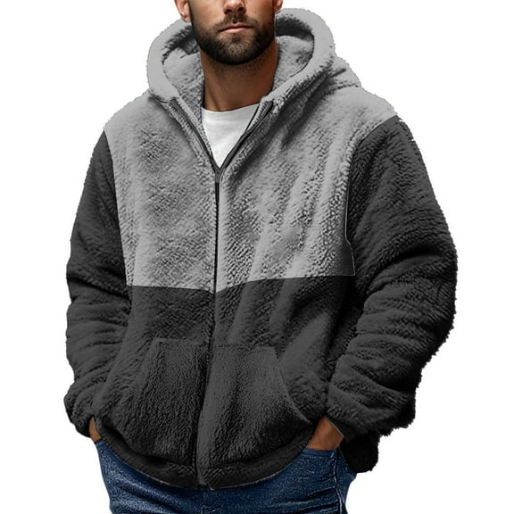 Mens Fuzzy Sherpa Jacket Fleece Long Sleeve Full-Zip Hooded Shirt Casual Warm Winter Coats Outdoor Fashion