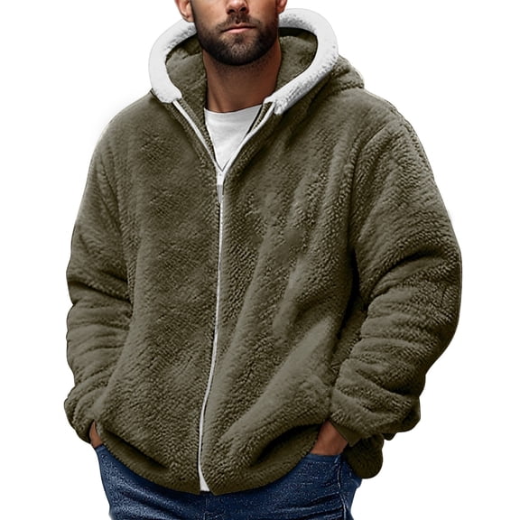 Mens Fuzzy Sherpa Jacket - Fleece Long Sleeve Full-Zip Hooded Shirt - Casual Warm Winter Jacket Coats, Tall Coat Soft Lightweight Outerwear