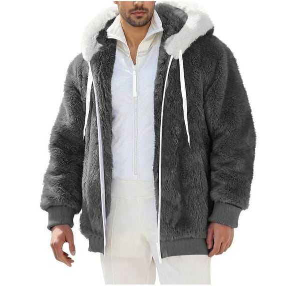Mens Fuzzy Sherpa Jacket Fleece Long Sleeve Full-Zip Hooded Shirt Winter Warm Fall Jacket Coats with Pockets