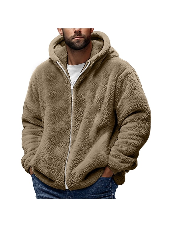 Mens Fuzzy Sherpa Jacket Fleece Long Sleeve Zip Up Coat Thermal Plush Winter Cozy Outwear Warm Coats Outdoor Fashion