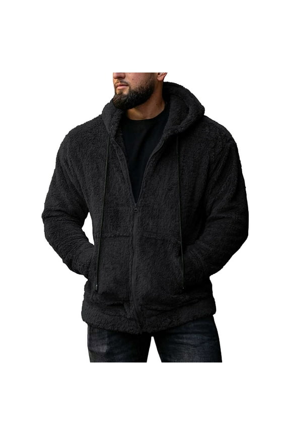 Mens Fuzzy Sherpa Jacket Fluffy Fleece Zip Up Open Front Hooded Cardigan Fashion Casual Fall Winter Warm Outwear With Pocket