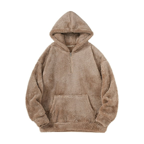 Mens Fuzzy Sherpa Pullover Hoodie Sweatshirts Long Sleeve Sport Front Pocket Military Fall Outwear Winter Hooded