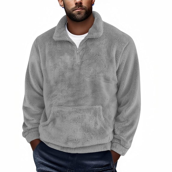 Mens Fuzzy Sherpa Sweatshirt Quarter Zip Pullover Long Sleeve Winter Fall Fleece Outwear Casual Warm Tops With Pocket