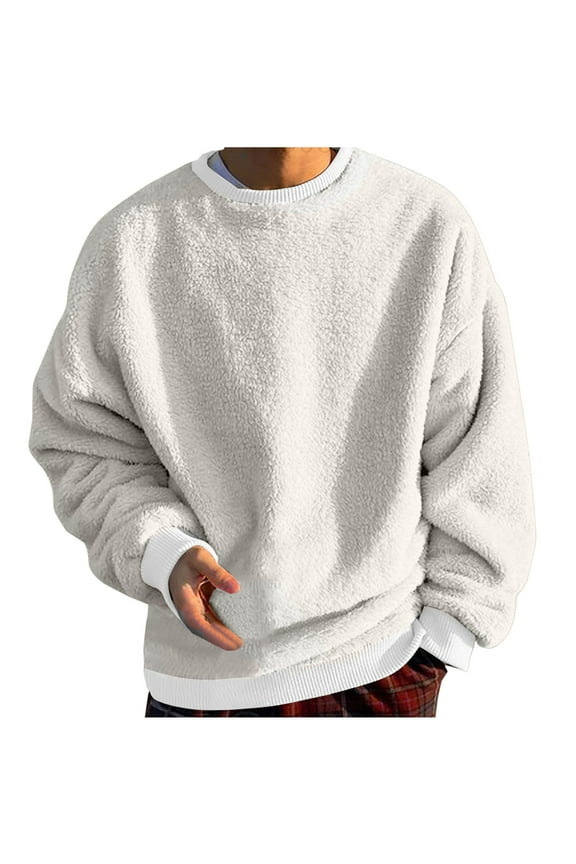 Mens Fuzzy Sherpa Sweatshirt Winter Fall Fleece Pullover Crewneck Solid Color Sweatshirts Loose Fit Plus Size Shirts