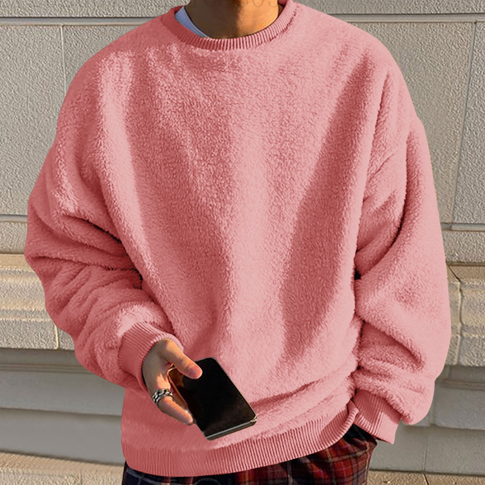 Mens Fuzzy Sherpa Sweatshirts Long Sleeve Fleece Fluffy Crew Neck