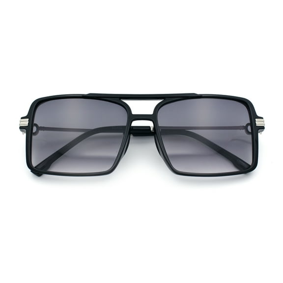 Mens Gentlemanly Rectangle Flat Top Double Bridge Mob Metal Arm Sunglasses Black - Smoke