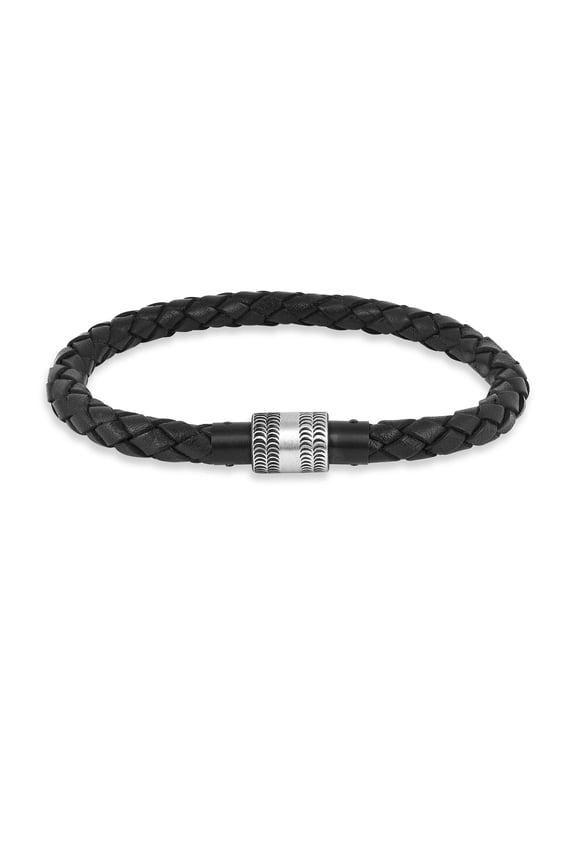 Mens Genuine Black Rope Stainless Steel Leather Bracelet for Mens Jewelry Gift Bracelet