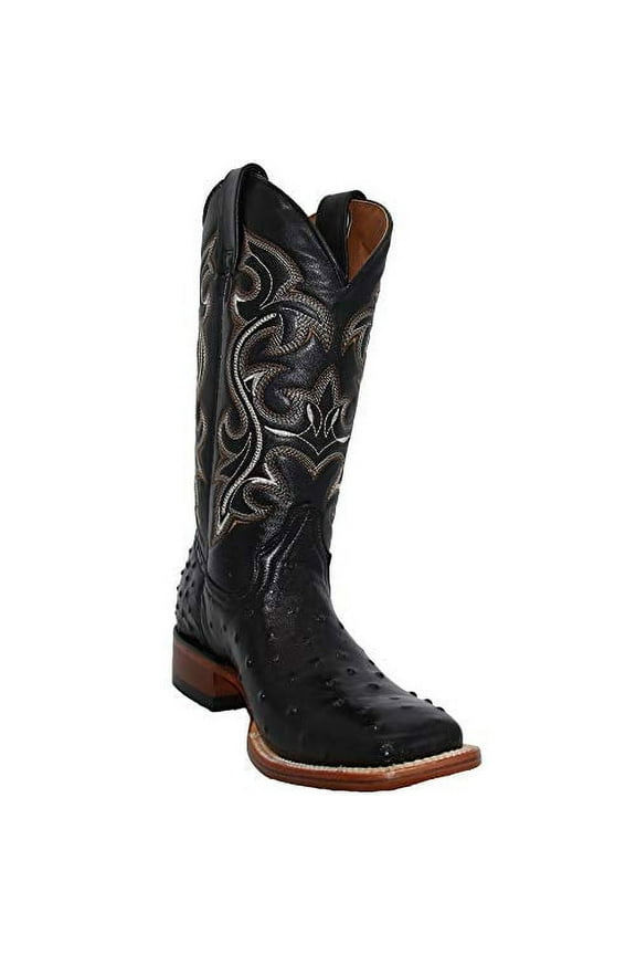 Mens Genuine Cowhide Leather Quill Ostrich Print Western Cowboy Square Toe Rodeo Boots