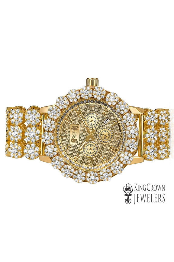 Mens Genuine Diamond Dial Roman Face Stainless Steel Back Yellow Gold Tone Custom Khronos Watch W/Date Function