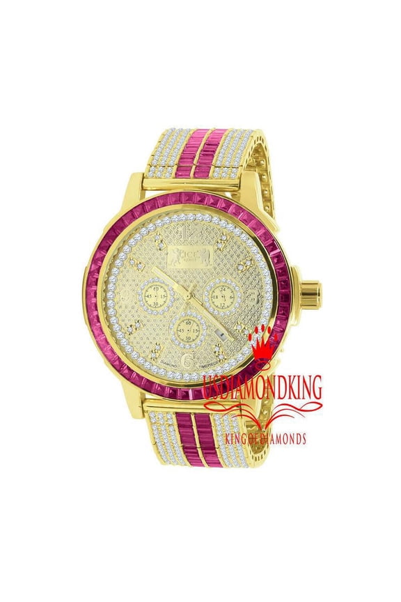 Mens Genuine Diamond Dial Stainless Steel Pink Face Custom Bezel Gold Tone Adjustable Band Watch W/Date