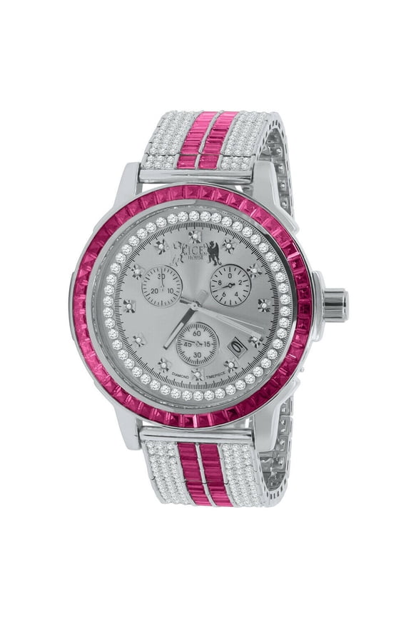 Mens Genuine Diamond Dial Stainless Steel Pink Face Custom Bezel White Gold Tone Adjustable Band Watch W/Date