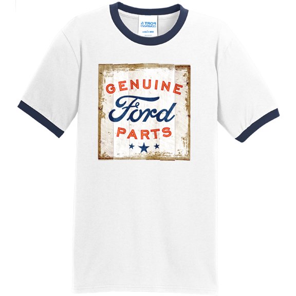 Mens Genuine Ford Parts 100% Cotton Ringer Tee Shirt, Large White/Navy