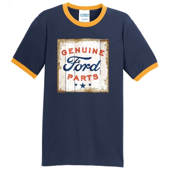 Mens Genuine Ford Parts 100% Cotton Ringer Tee Shirt, Medium Navy/Gold