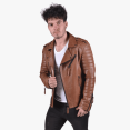 thumbnail image 1 of Mens Genuine Lambskin Mango Tan Leather Jacket Quilted Bike Rider Jacket, 1 of 3