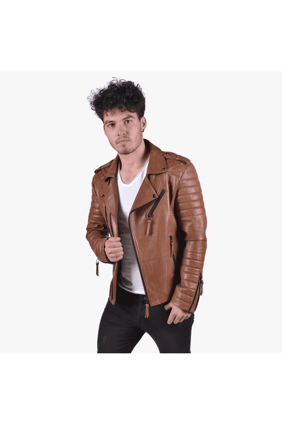 Mens Genuine Lambskin Mango Tan Leather Jacket Quilted Bike Rider Jacket