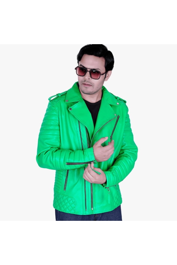 Mens Genuine Lambskin Neon Green Leather Jacket Quilted Stylish Jacket