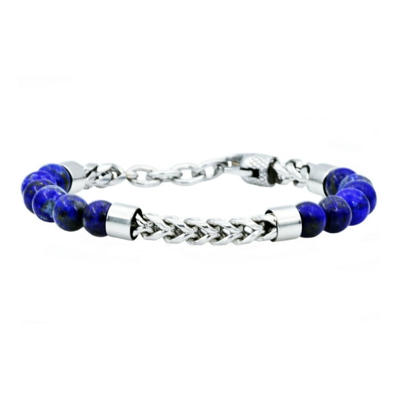Mens Genuine Lapis Lazuli Stainless Steel Beaded And Franco Link Chain Bracelet With Adjustable Clasp