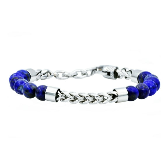 Mens Genuine Lapis Lazuli Stainless Steel Beaded And Franco Link Chain Bracelet With Adjustable Clasp