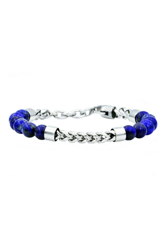 Mens Genuine Lapis Lazuli Stainless Steel Beaded And Franco Link Chain Bracelet With Adjustable Clasp