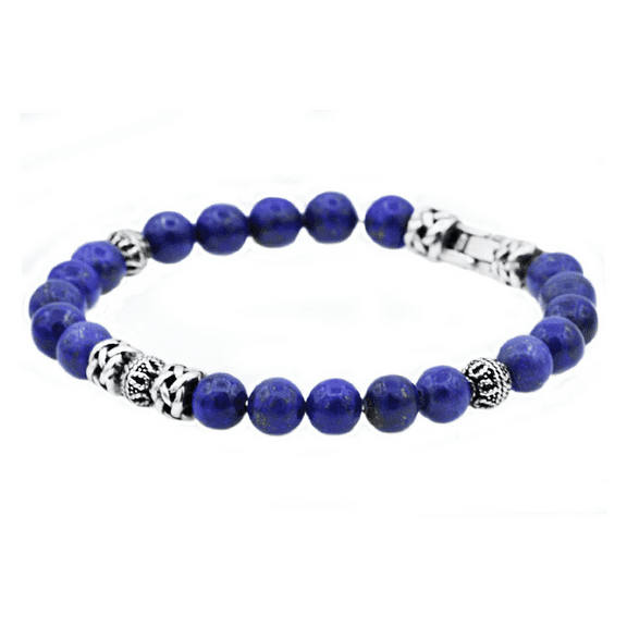 Mens Genuine Lapis Lazuli Stainless Steel Beaded Bracelet.