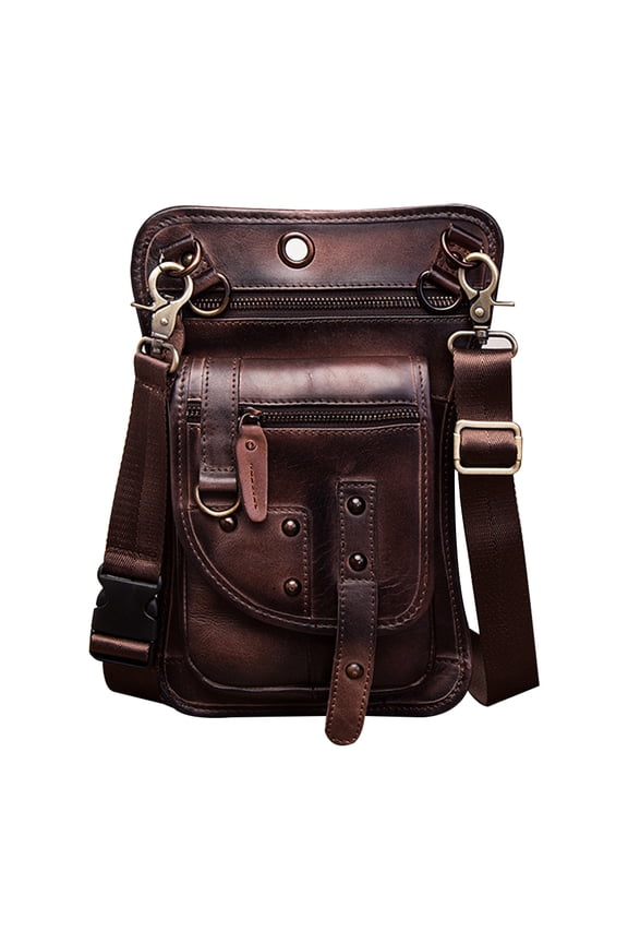 Mens Genuine Leather Motorcycle Tactic Fanny Belt Waist Pack Drop Leg Cross Over Bag - dark coffee mix