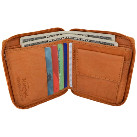 Mens Genuine Leather Zip Around Bifold Wallet with Snap Down Coin Purse 1356 CF