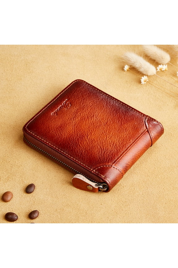 Mens Genuine Leather Zipper Wallet RFID Secure Large Capacity Double Fold Multi-card Leather Wallets for Men and coin purse
