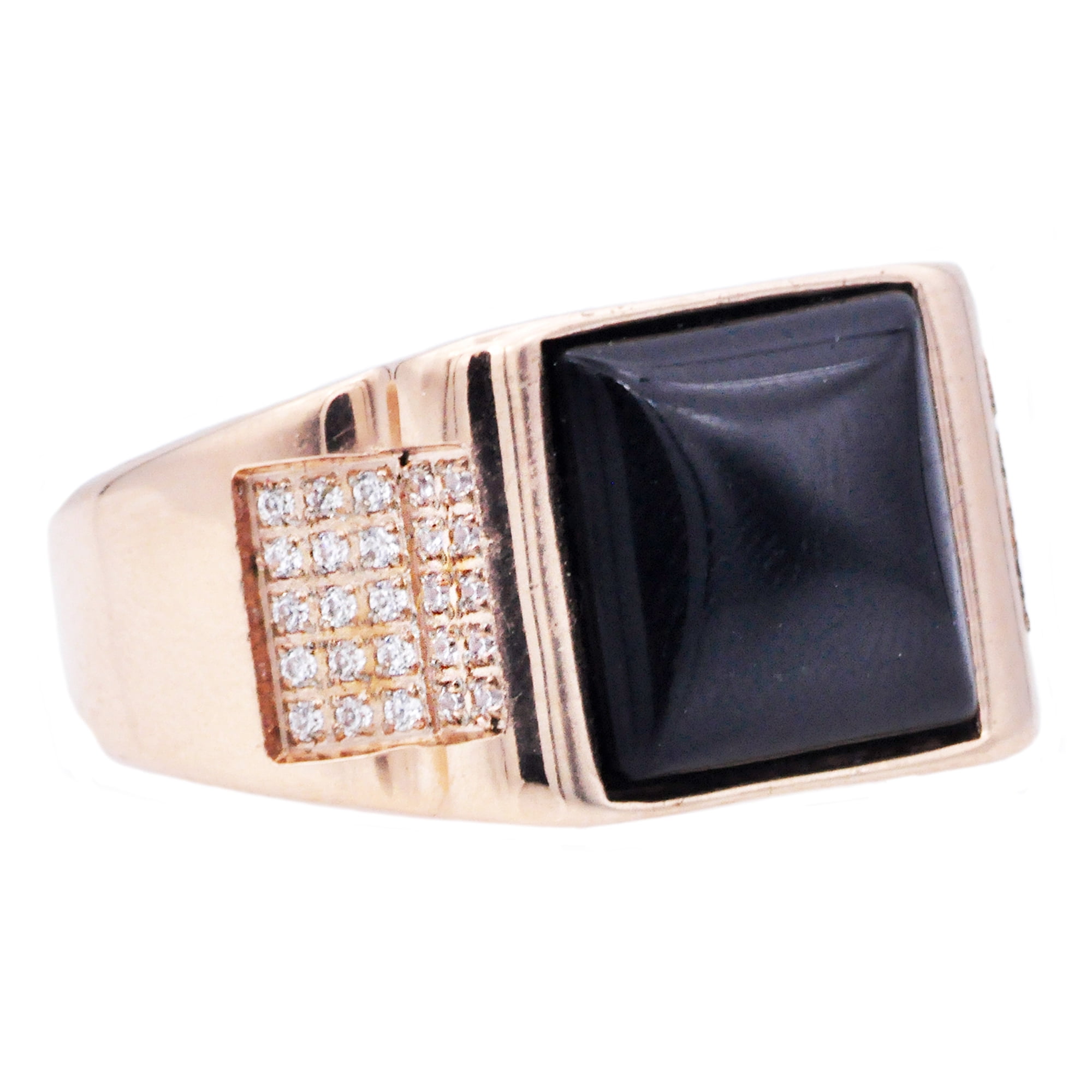 Mens Genuine Onyx And Rose Plated Stainless Steel Ring With Cubic Zirconia