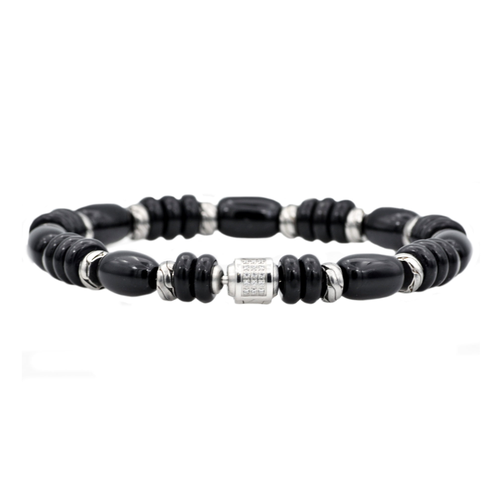 Mens Genuine Onyx Stainless Steel Beaded Bracelet With Cubic Zirconia