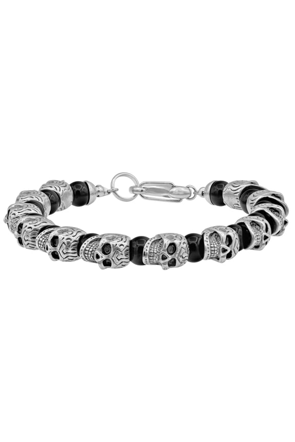 Mens Genuine Onyx Stainless Steel Skull Beaded Bracelet