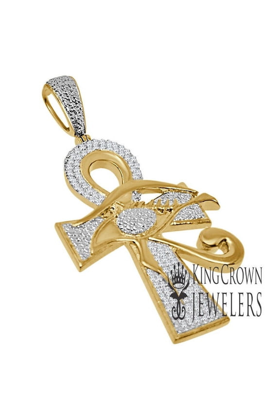 Mens Genuine Real Diamond Egyptian Evil Eye Ankh Cross Charm 10K Gold Finish Pendant