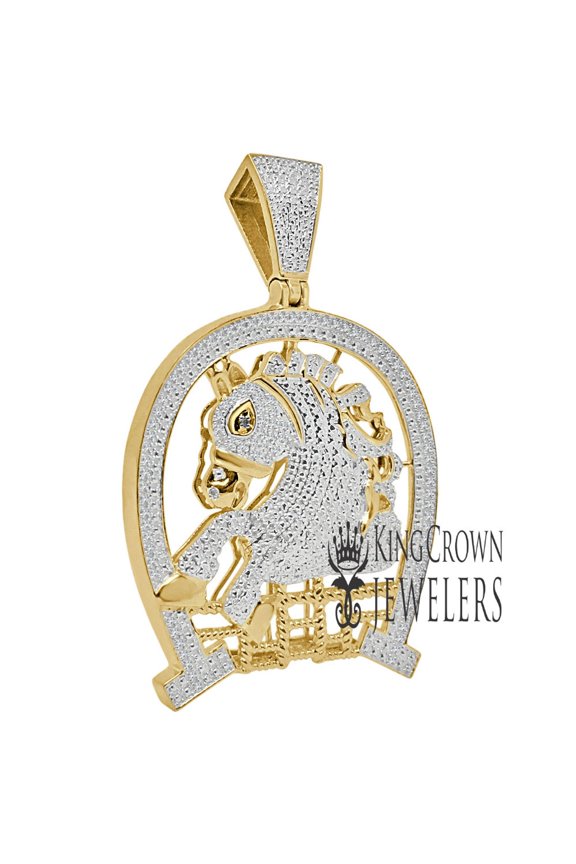 Mens Genuine Real Diamond Lucky Horse shoes Charm 10K Gold Finish Pendent 2.5''