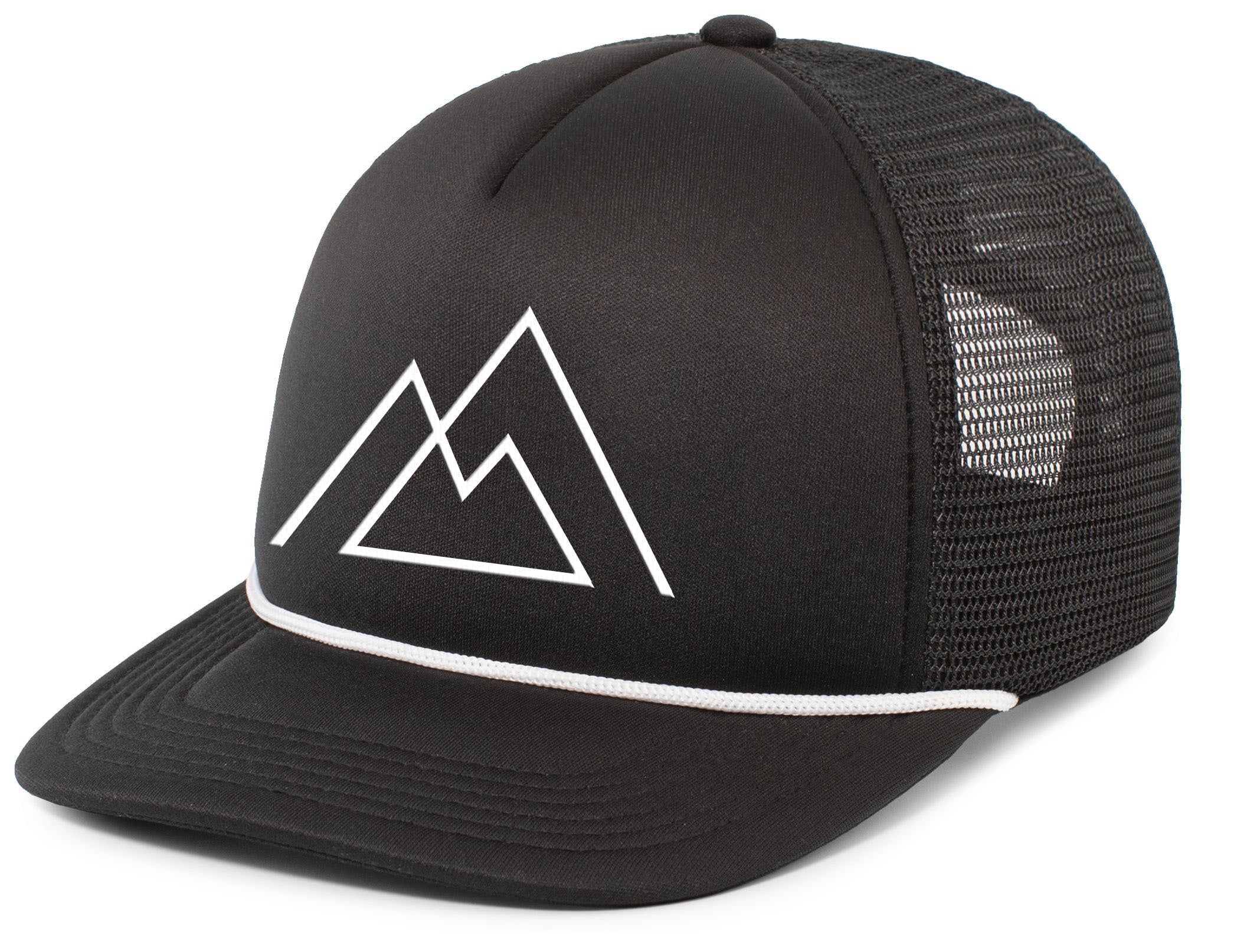 Mens Geometric Mountain Outdoors Rope Hat Embroidered Foam Front Mesh Back Trucker  Hat, Black/White 