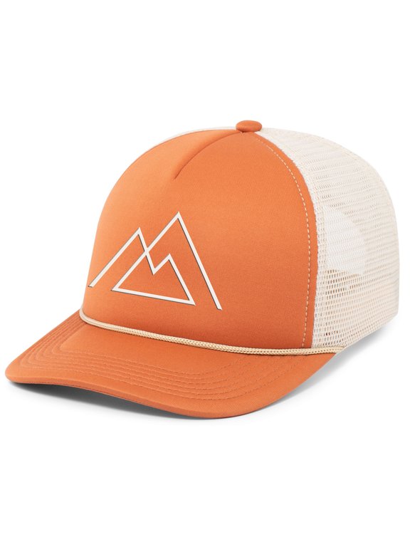 Mens Geometric Mountain Outdoors Rope Hat Embroidered Foam Front Mesh Back Trucker Hat, Rust/Khaki/Rust