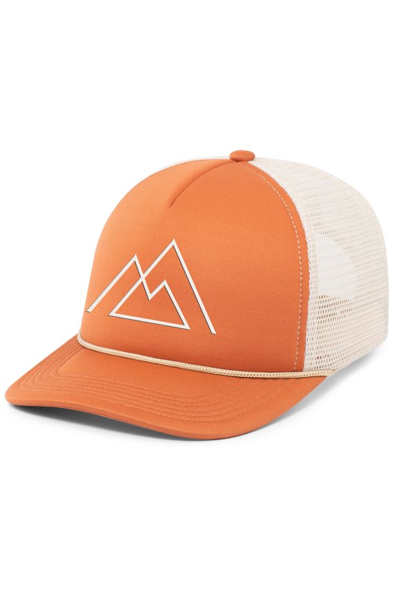 Mens Geometric Mountain Outdoors Rope Hat Embroidered Foam Front Mesh Back Trucker Hat, Rust/Khaki/Rust