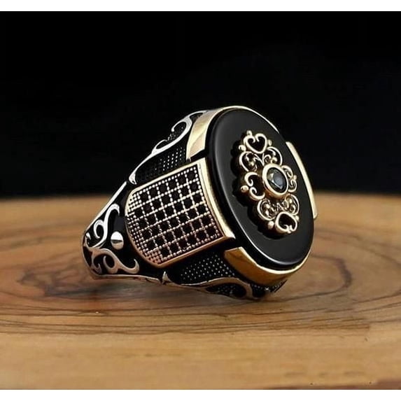 Mens Geometric Ring Antique Silver Alloy Inlaid Gemstone Accent Birthday Gift European American Design Metal