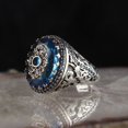 thumbnail image 1 of Mens Geometric Ring with Blue Zircon Gemstone Antique Silver Finish Alloy Band European American Design Fashion Jewelry Ring Gift for Him, 1 of 1