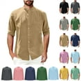 thumbnail image 1 of Mens Gifts! BiZtdJrK Men's Cotton Linen Long Sleeve Shirts Casual Button Down Banded Collar Shirt Summer Beach Tops with Pocket Fall Clothes Beige L, 1 of 7