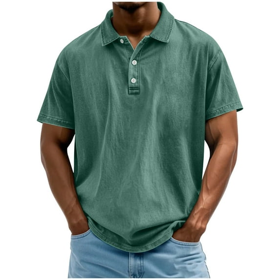 Mens Gifts! BiZtdJrK Men's Vintage Washed Distressed Polos Shirts Short Sleeve Button Down Collar Tees Tops Solid Casual Cotton Golf Shirt with Pocket Green L