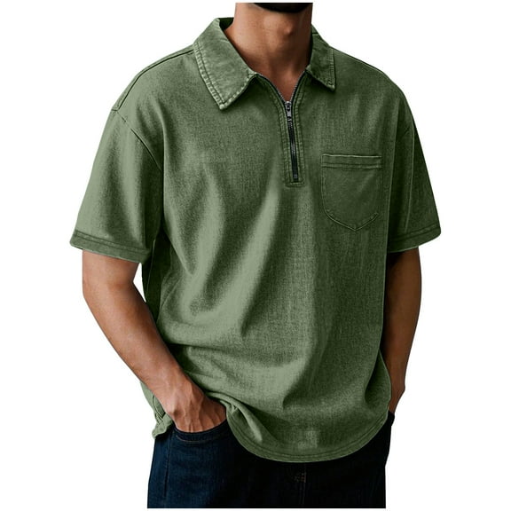Mens Gifts! BiZtdJrK Men's Zipper Polos Shirts with Pocket Solid Color Casual Lapel Short Sleeve Golf Shirt Cotton Comfy Soft Tees Tops Army Green L