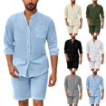 thumbnail image 1 of Mens Gifts! QATAINLAV Mens Cotton Linen Short Sleeve 2 Piece Sets Solid Casual Button Stand Collar Shirts and Beach Shorts Vacation Outfits with Pocket Army Green M, 1 of 6