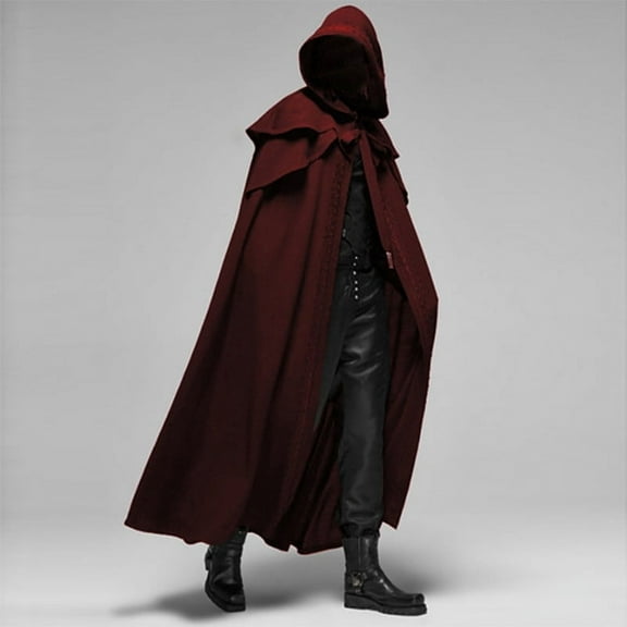 Mens Gifts for Holiday Party Outfit 2026 Men Casual Maxi Coat Retro Solid Tie Gothic Long Cape Cloak with Hood