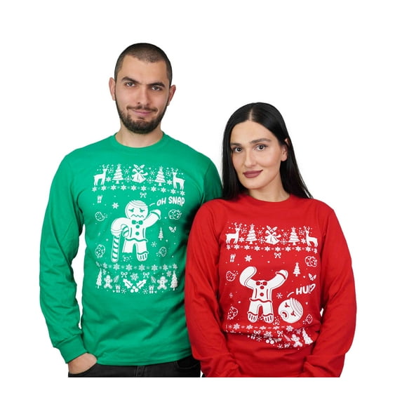 Mens Gingerbread Cookie Oh Snap green long sleeve Christmas party Tshirt (Mens Small)